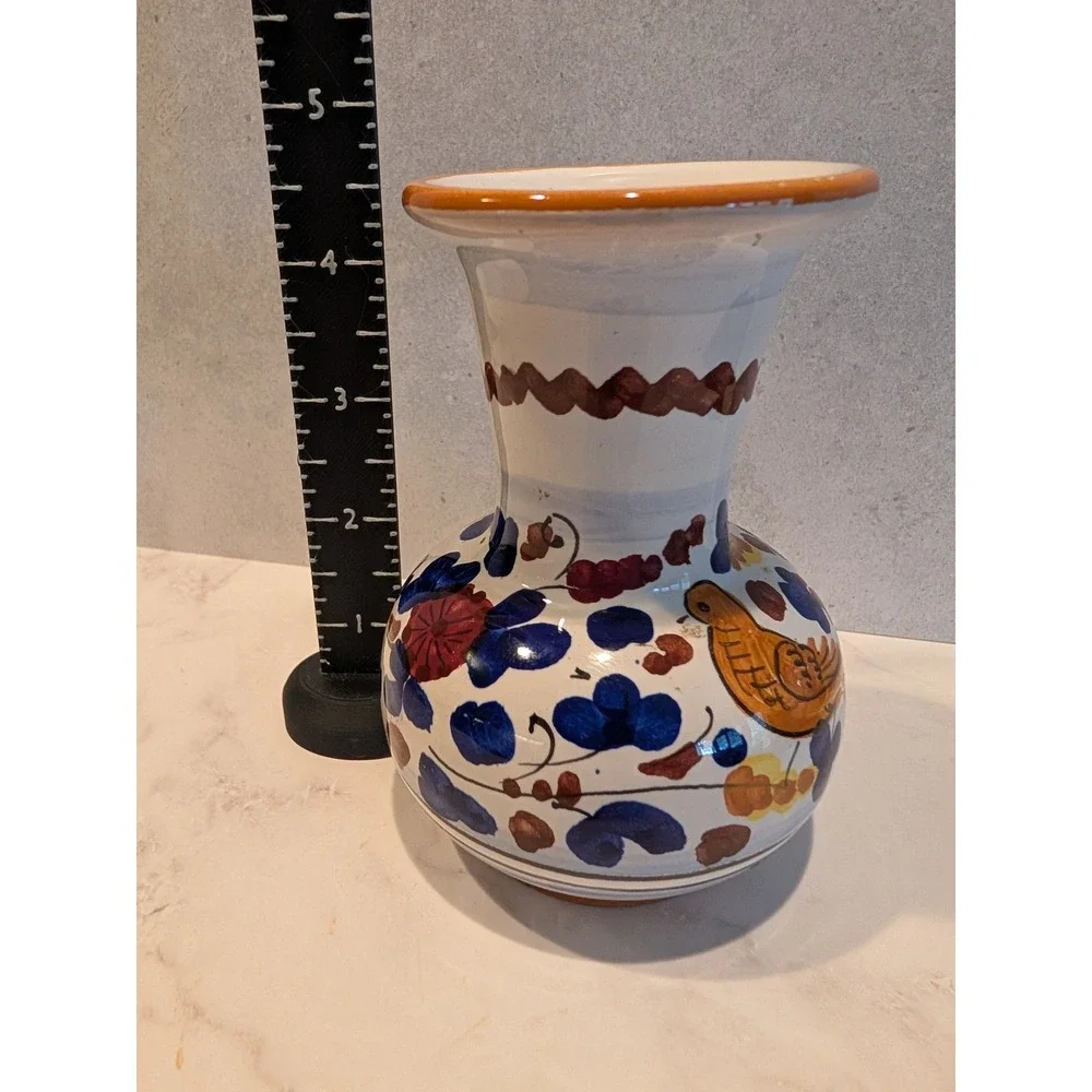 Amalfi Italian Pottery Hand Painted Bird Floral Bud Vase Handpainted 4.5 Inch